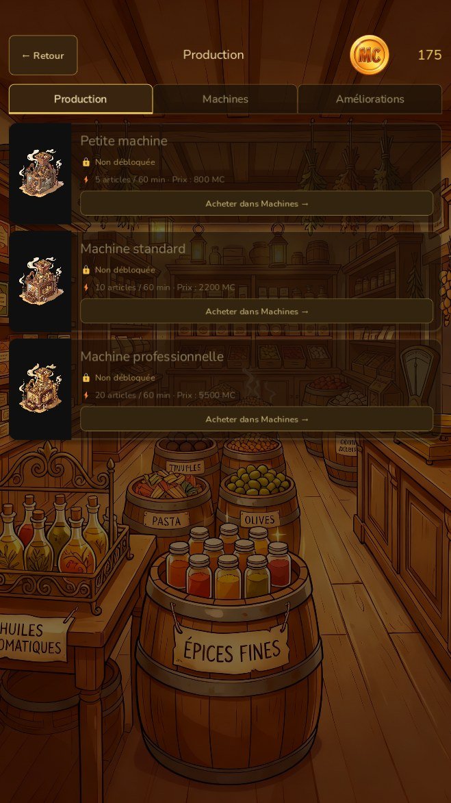 Écran de l'atelier de production